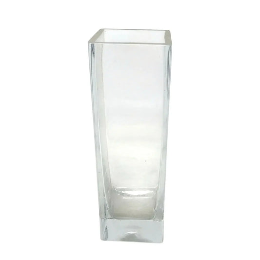 Clear glass square vase with tall, modern, minimalist design on white background