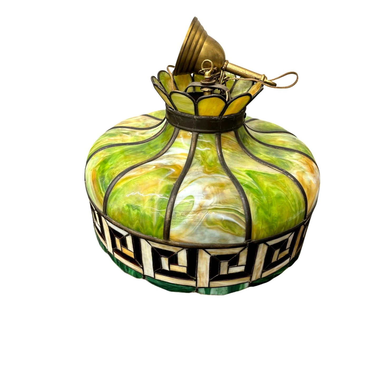 Vintage Tiffany Style Green Slag Stained Glass Chandelier - Greek Key Border Pendant Light Unbranded A+ Stuff