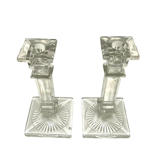 Westmoreland Antique Column Style Etched Glass Candlestick Holders Sun Burst at Base - Westmoreland - Candle Holders - A+ Stuff