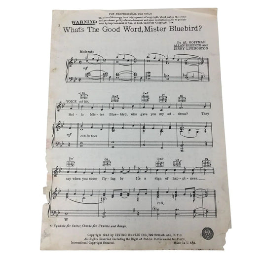 ''What's the Good Word, Mister Blue Bird?'' Vintage Sheet Music - A+ Stuff - sheet music - A+ Stuff