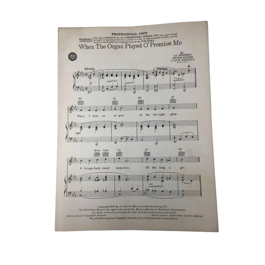 "When The Organ Played O' Promise Me" by Al Sherman, Abner Silver, Jack Meskill - A+ Stuff - SHEET MUSIC - A+ Stuff