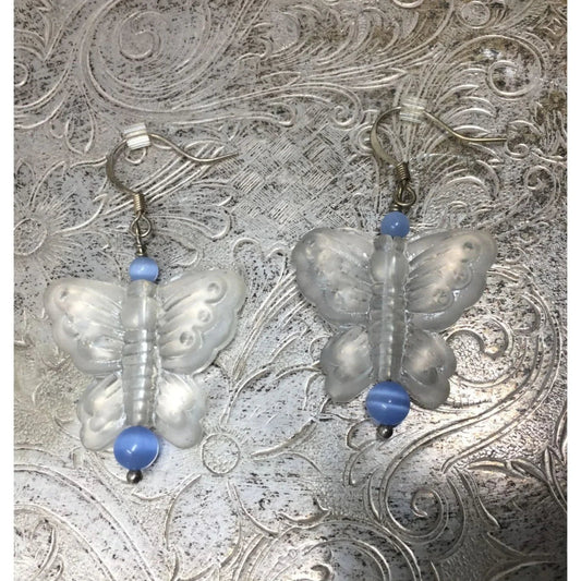 Women's Clear Butterfly Dangle Earrings with Blue Beads - A+ Stuff - Earrings - A+ Stuff