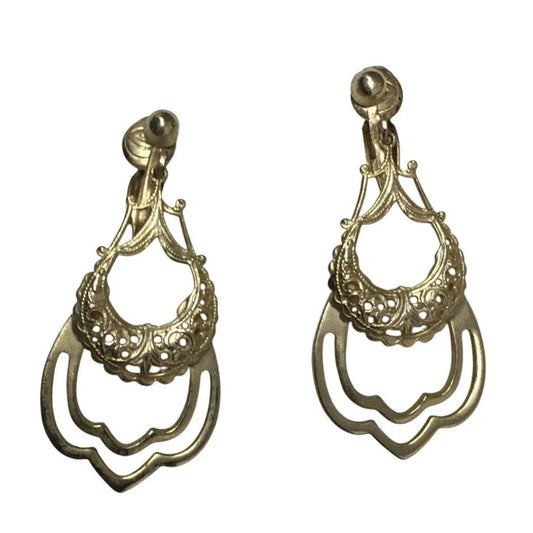 Women's Filigree Design Clip on Gold Tone Dangle Earrings - A+ Stuff - earrings - A+ Stuff