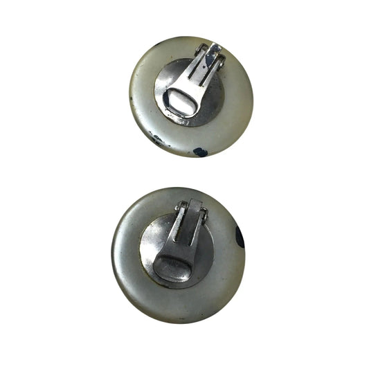 Women's Large Round White Clip On Earrings with Navy Blue Polka Dots on them - A+ Stuff - Earrings - A+ Stuff