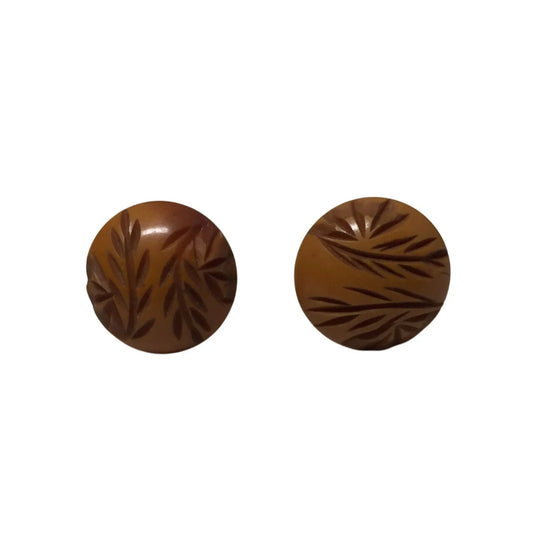 Women's Round Brown Screw Back Clip On Earrings with Leaf Design - A+ Stuff - earrings - A+ Stuff