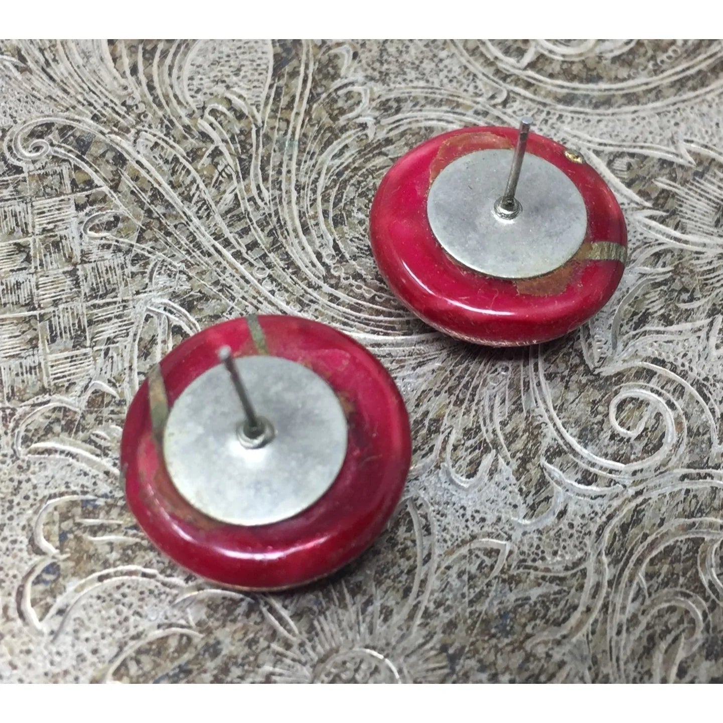 Women's Round Red Dome Button Earrings with Gold Brush Stroke Design - A+ Stuff - Earrings - A+ Stuff