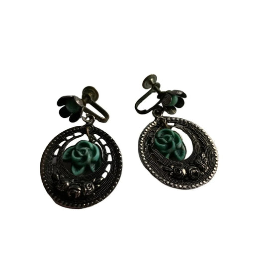 Women's Silver and Teal Clip on/Clamp On Earrings with Flowers on them - A+ Stuff - Earrings - A+ Stuff