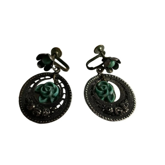 Women's Silver and Teal Clip on/Clamp On Earrings with Flowers on them - A+ Stuff - Earrings - A+ Stuff