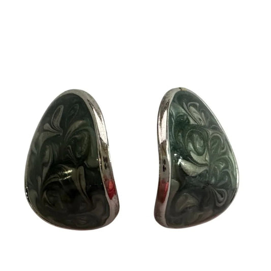 Women's Silver Toned Enamel Earrings with Green Blue Swirl Design - A+ Stuff - earrings - A+ Stuff