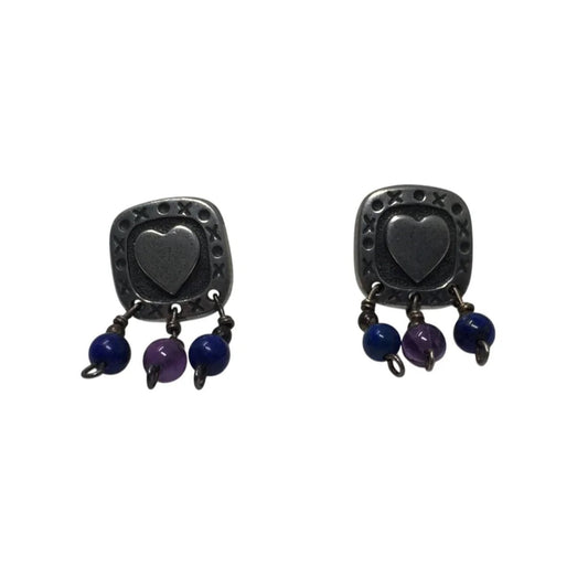 Women's Squared Silver tone and Purple Beaded Dangle Heart Earrings - A+ Stuff - earrings - A+ Stuff