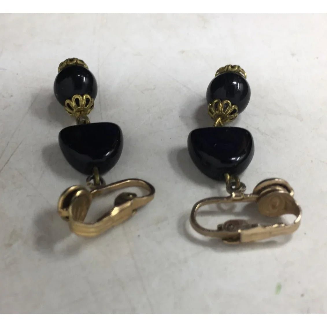 Women's Vintage Black and Gold Tone Dangle Clip on Earrings - A+ Stuff - Earrings - A+ Stuff