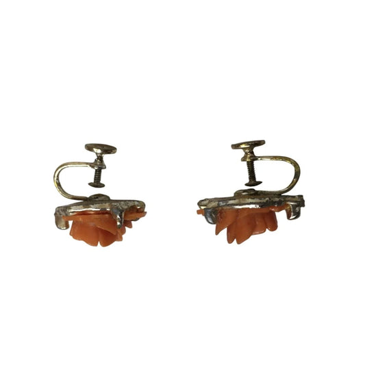 Women's Vintage Rose Flower Orange and Gold Tone Screw Back Earrings - A+ Stuff - Earrings - A+ Stuff