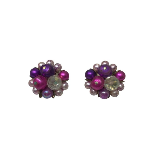Women's Vintage Round Purple, Pink and Gold Tone Beaded Cluster clip on Earrings - A+ Stuff - Earrings - A+ Stuff