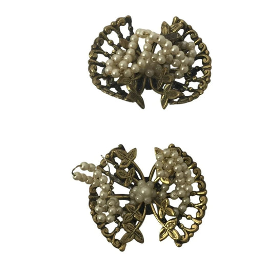Women's Vintage White Beaded Gold Tone Pins with Floral Leafy Pattern - A+ Stuff - pin - A+ Stuff