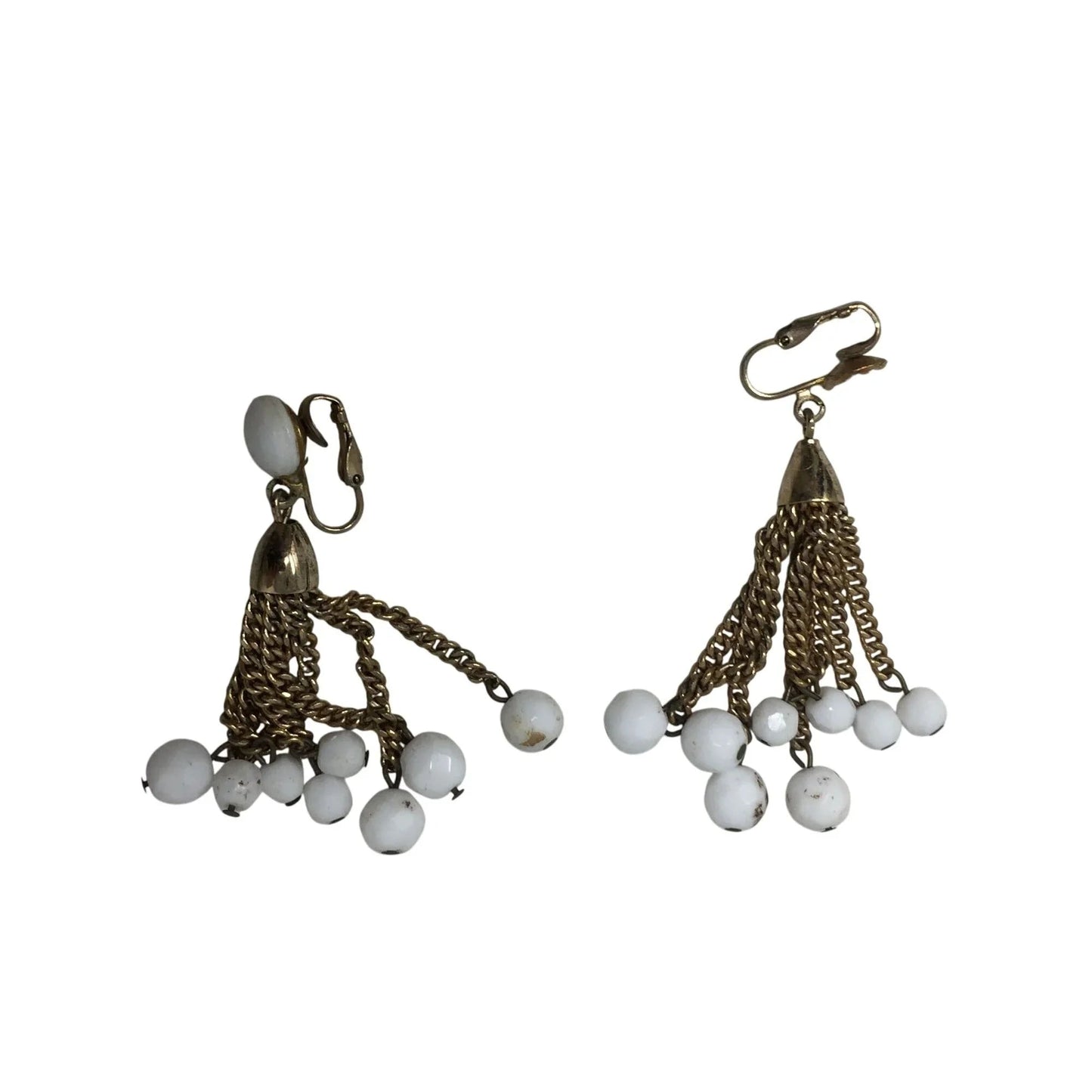 Women's White and Gold Tone Clip On Dangle Drop Earrings - A+ Stuff - Earrings - A+ Stuff