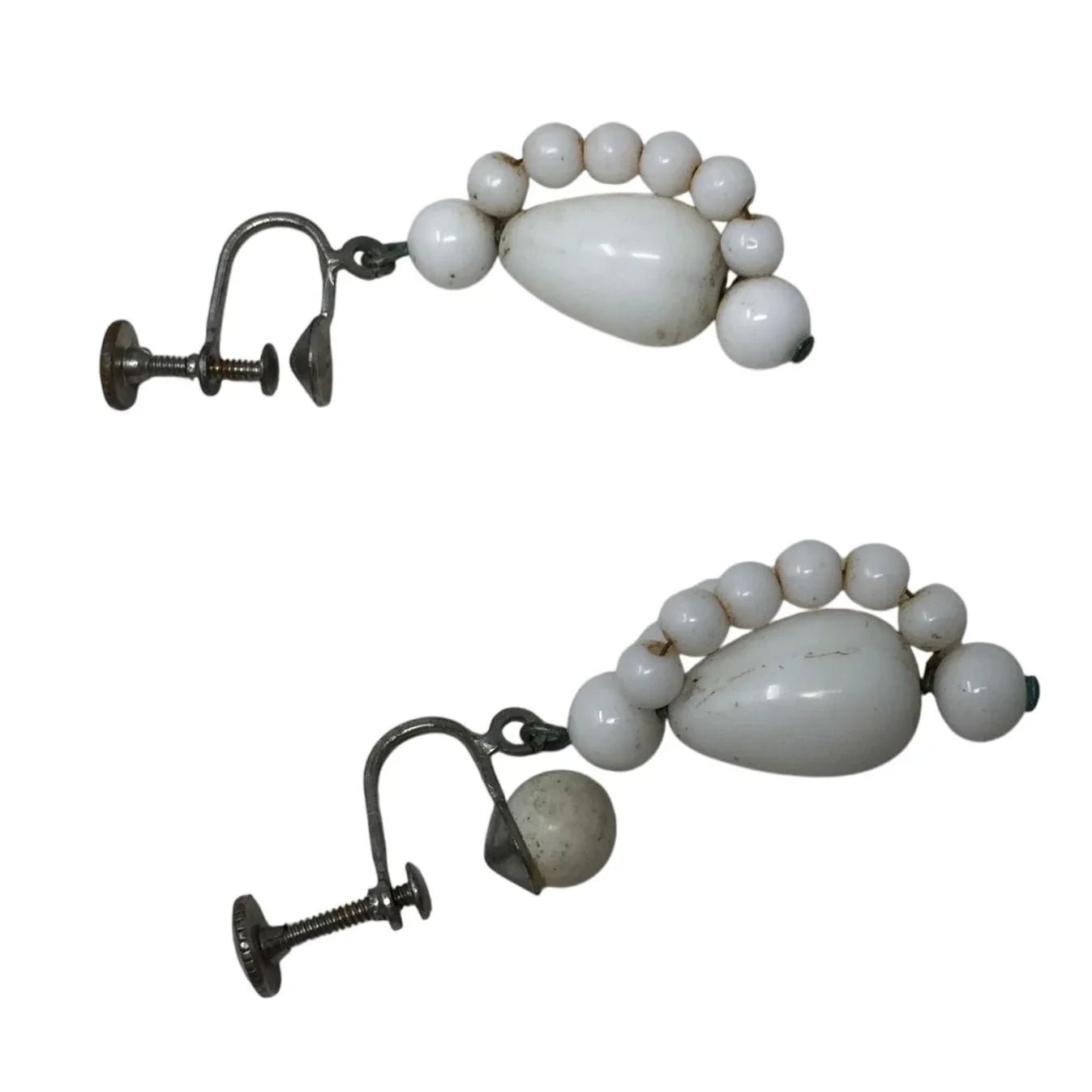 Women's White and Silver tone Beaded Dangle Drop Screw Back Earrings - A+ Stuff - Earrings - A+ Stuff