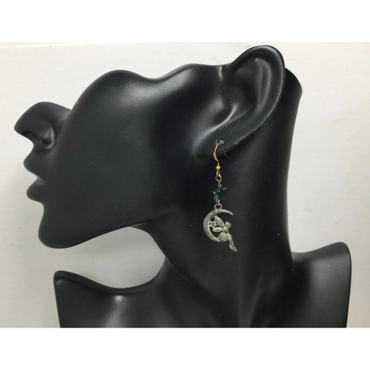Women's/Girl's Fairy Sitting on the Moon Earrings with Stars - A+ Stuff - earrings - A+ Stuff