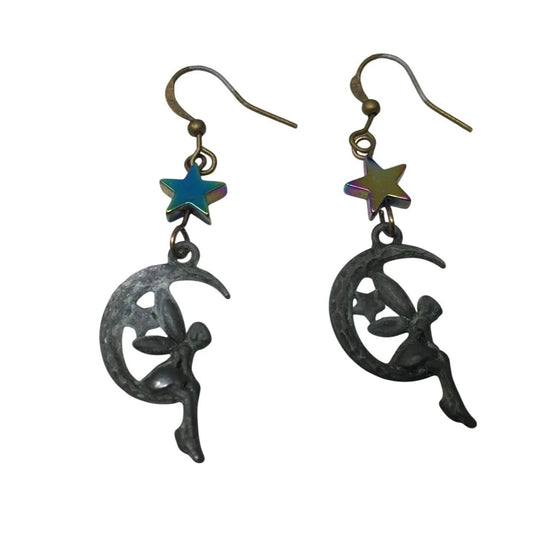 Women's/Girl's Fairy Sitting on the Moon Earrings with Stars - A+ Stuff - earrings - A+ Stuff