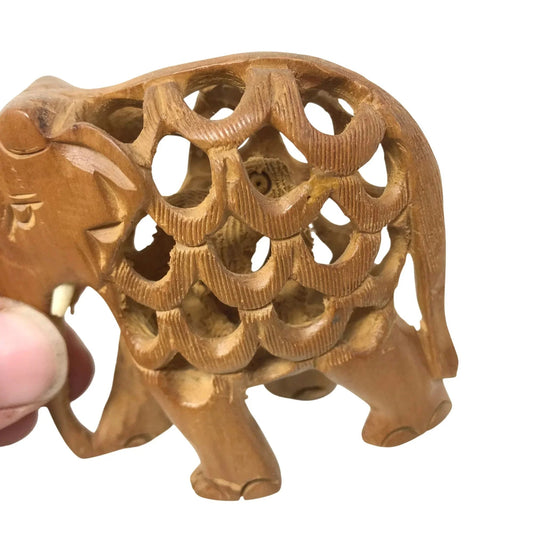 Wooden Hand Carved Elephant - with Baby in Lattice Work Stomach - Unbranded - A+ Stuff