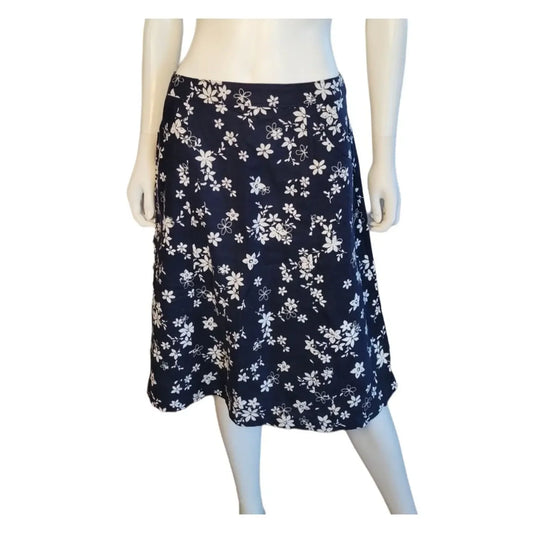 Christopher & Banks Womens Size 6 Blue Calf-Length Skirt with White Floral Pattern Size 6 Christopher & Banks
