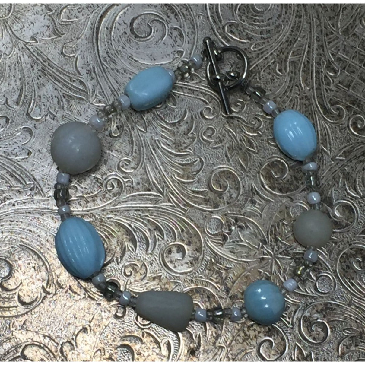 Women's Blue, Silver and White Beaded Bracelet with Toggle Clasp