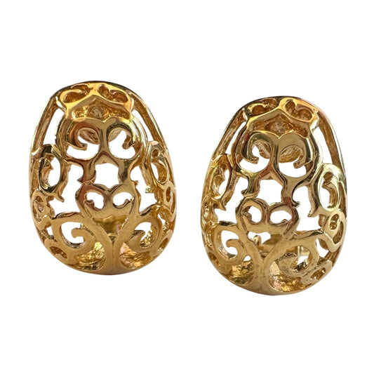 Yves Saint Laurent Logo Arabesque Pattern Gold Plate Engraved Earrings - Clip On - Yves Saint Laurent - Earrings - A+ Stuff