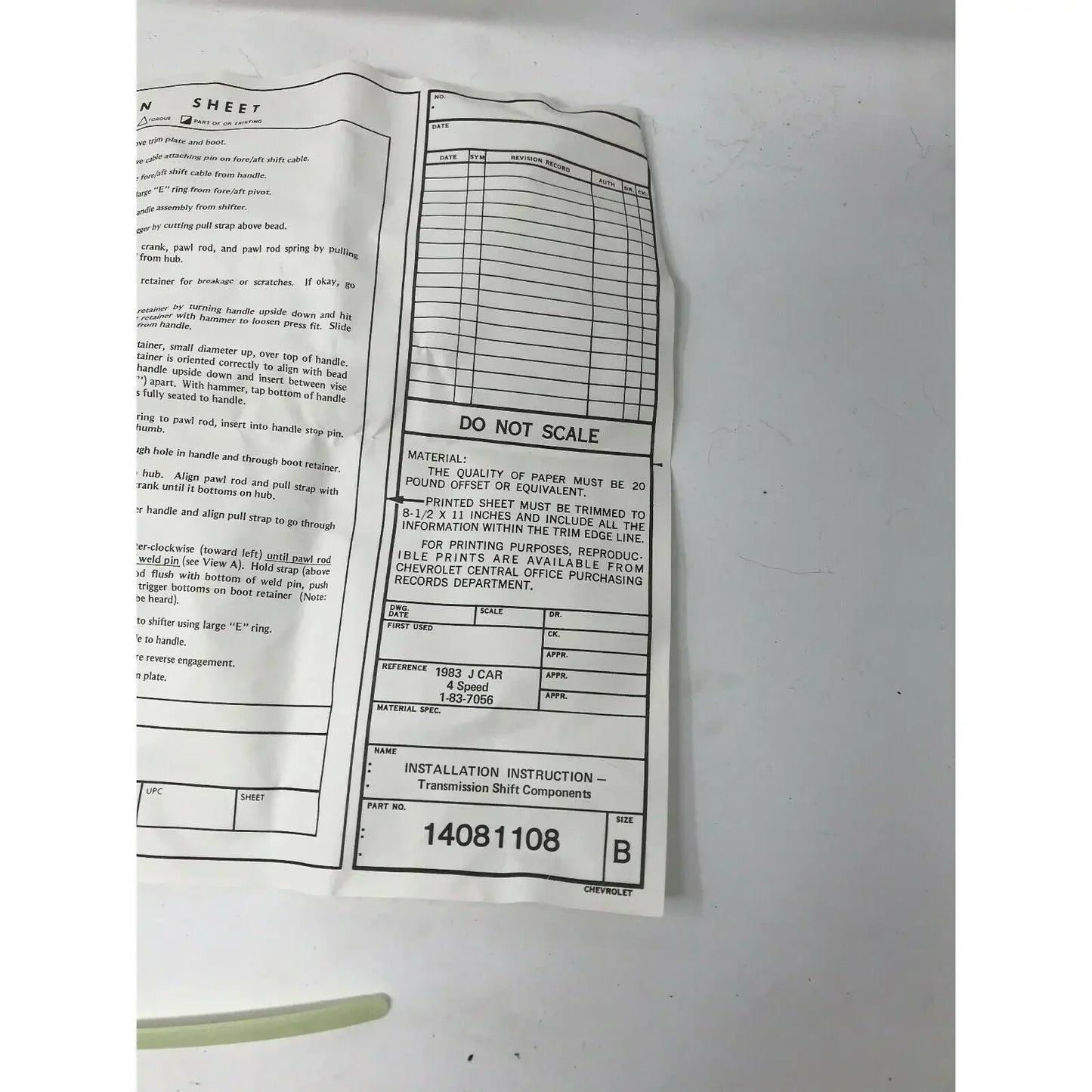 Transmission shift components installation instruction sheet for 1983 J car, part number 14081108.