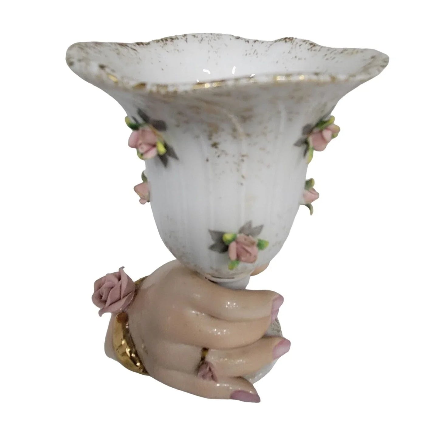 Porcelain Hand Holding Large Cup , Pink Nail Polish, Rose Bracelet Rosettes - Vase or Holder Gold Accents Mid-century Lefton China Lefton China A+ Stuff