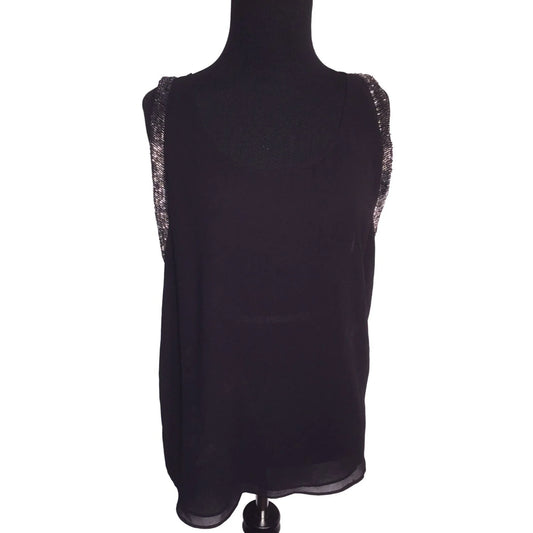 Black Sheer Tank Top Shirt NWT Shiny beaded edges at Sleeves Size Small Jeans by Buffalo A+ Stuff