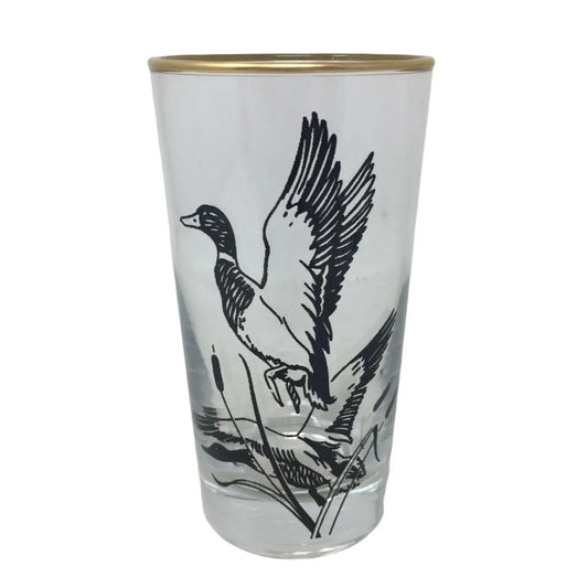 Vintage Mallard Duck Highball Glass Set (8 Glasses) Gold Rim Edge - BLACk Imprint of Birds/Foliage A+ Stuff A+ Stuff