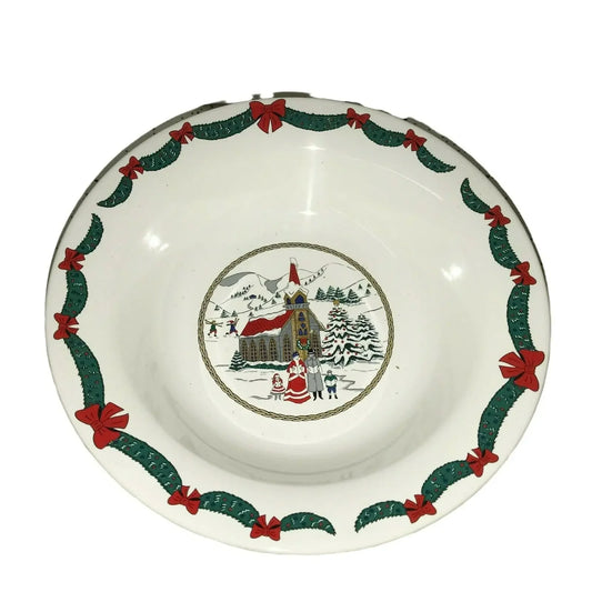 (2) HOLIDAY Christmas scene Serving BOWLS Genuine Stoneware Church A+ Stuff