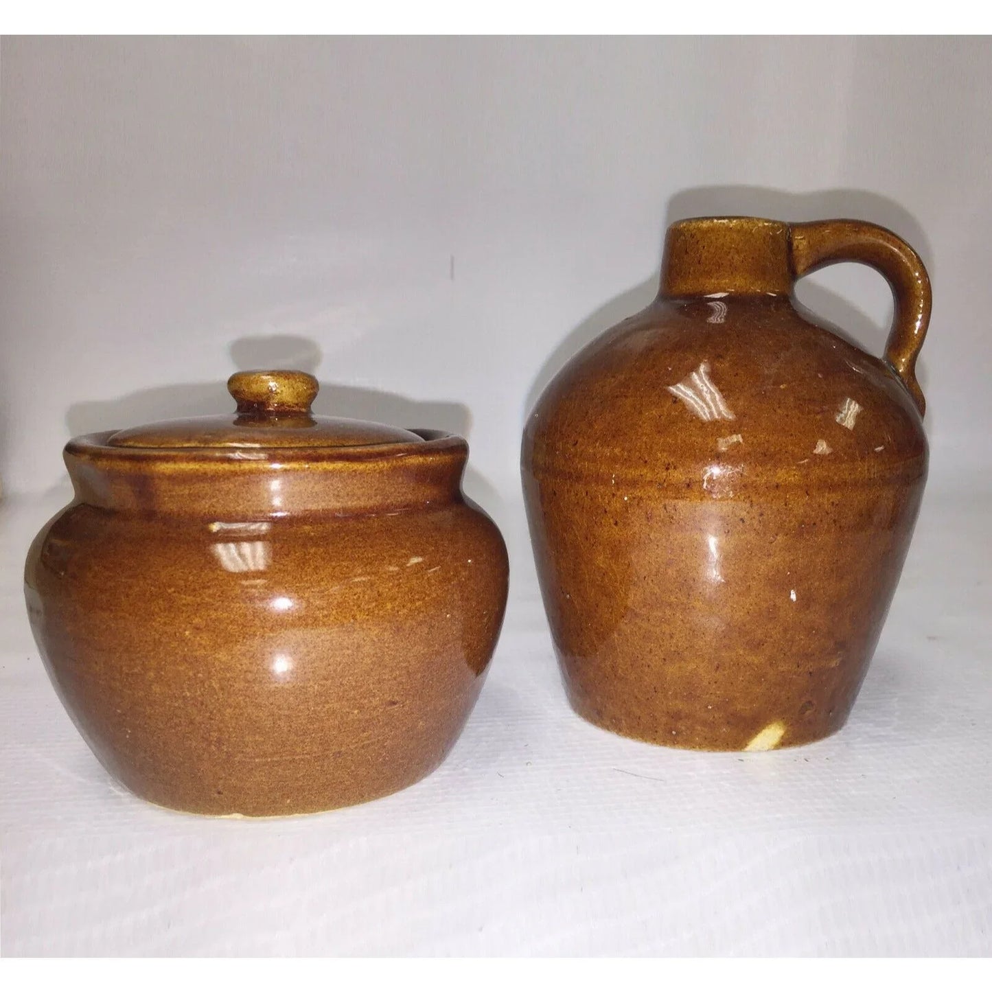 Vtg STONEWARE Set JUG and LIDDED CROCK Brown w Gloss Glaze Jar Unbranded A+ Stuff Glass