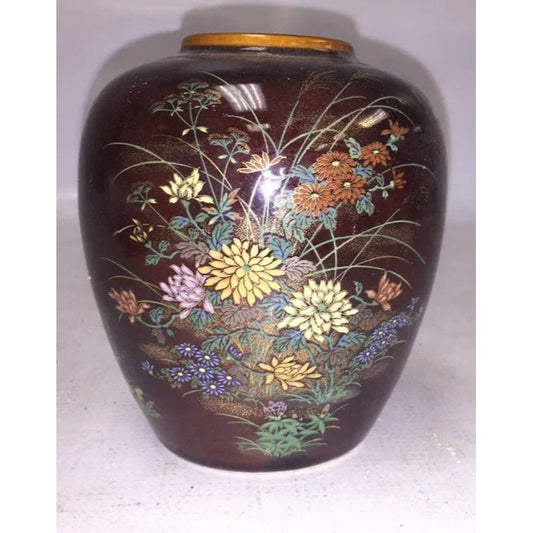 Japanese Brown Jar with pretty floral design handpainted on - metallic looking and colored paint on shiny brown finish A+ Stuff A+ Stuff Vases