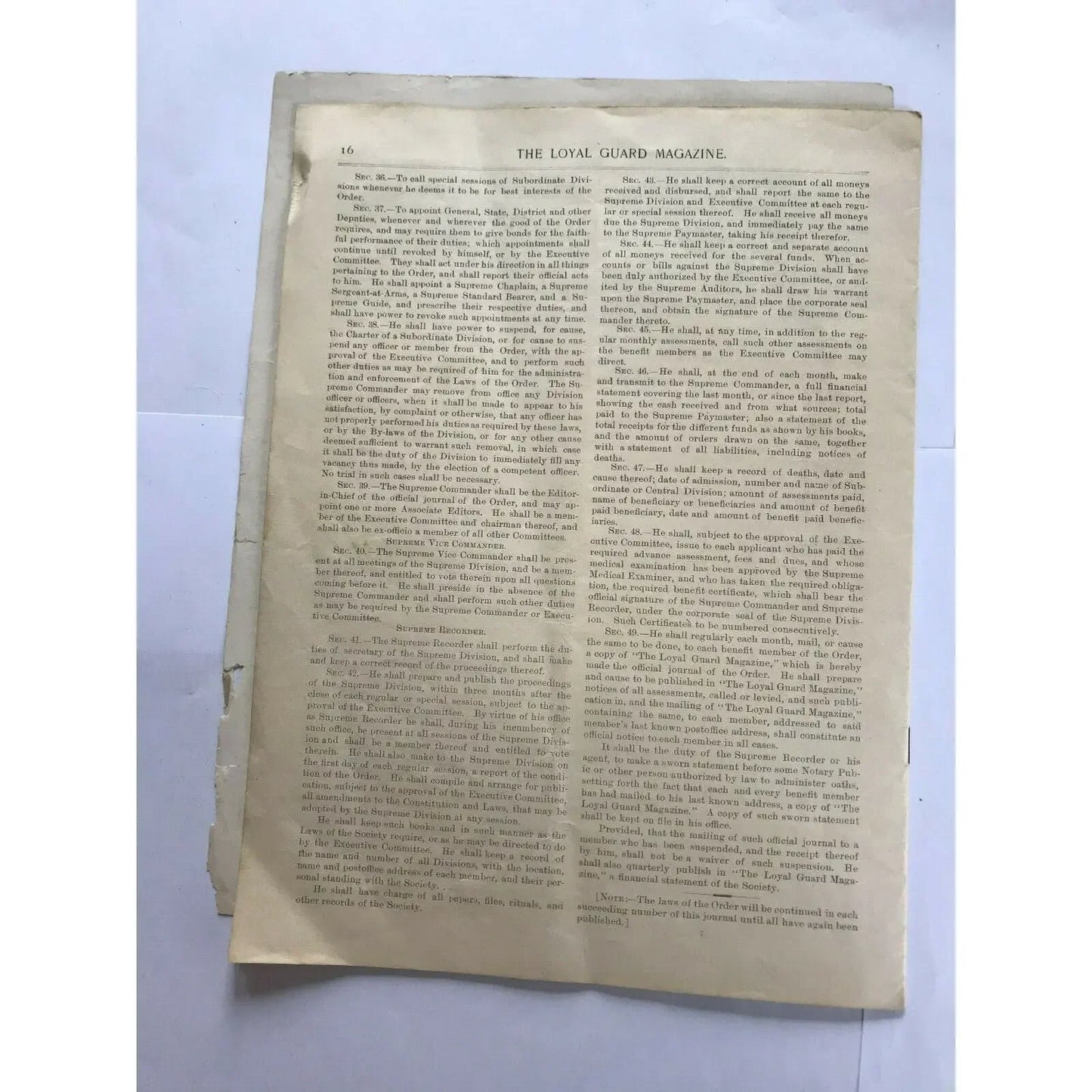 Vintage magazine page titled 'The Loyal Guard Magazine' with aged, yellowed paper