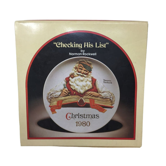 "Checking His List" Norman Rockwell Christmas 1980 Collectible Plate in Box with tags Features: • Limited Edition Plate 15,743 Size: Unisex 8.5" Diameter Condition: Pre-Owned Good Like New in box with documents and tags shown.