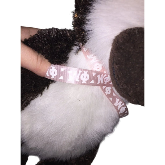 Fluffy Faced Primate with Pink Sorority Ribbon around Neck (Phi Gamma Miu?) - Dark Monkey with Fluffy white around Face & Belly A+ Stuff A+ Stuff