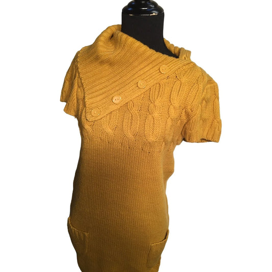 Unique Vintage Style Mustard Colored Sweater Dress with Turtleneck Button Collar Silvergate A+ Stuff