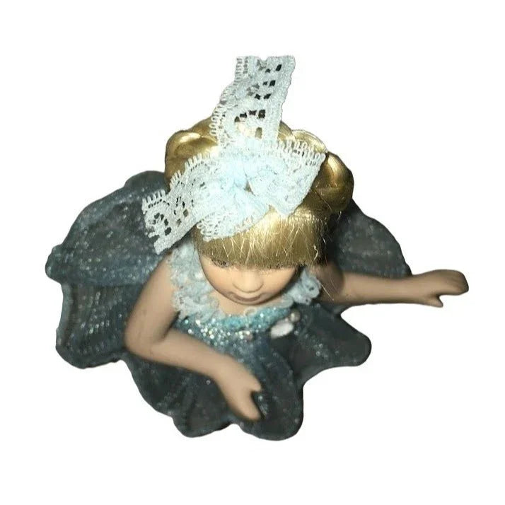 Pretty Ballerina doll in blue tutu bodice and hair decor - with toeshoes and small white stand - petite sweet young dancer piece A+ Stuff A+ Stuff