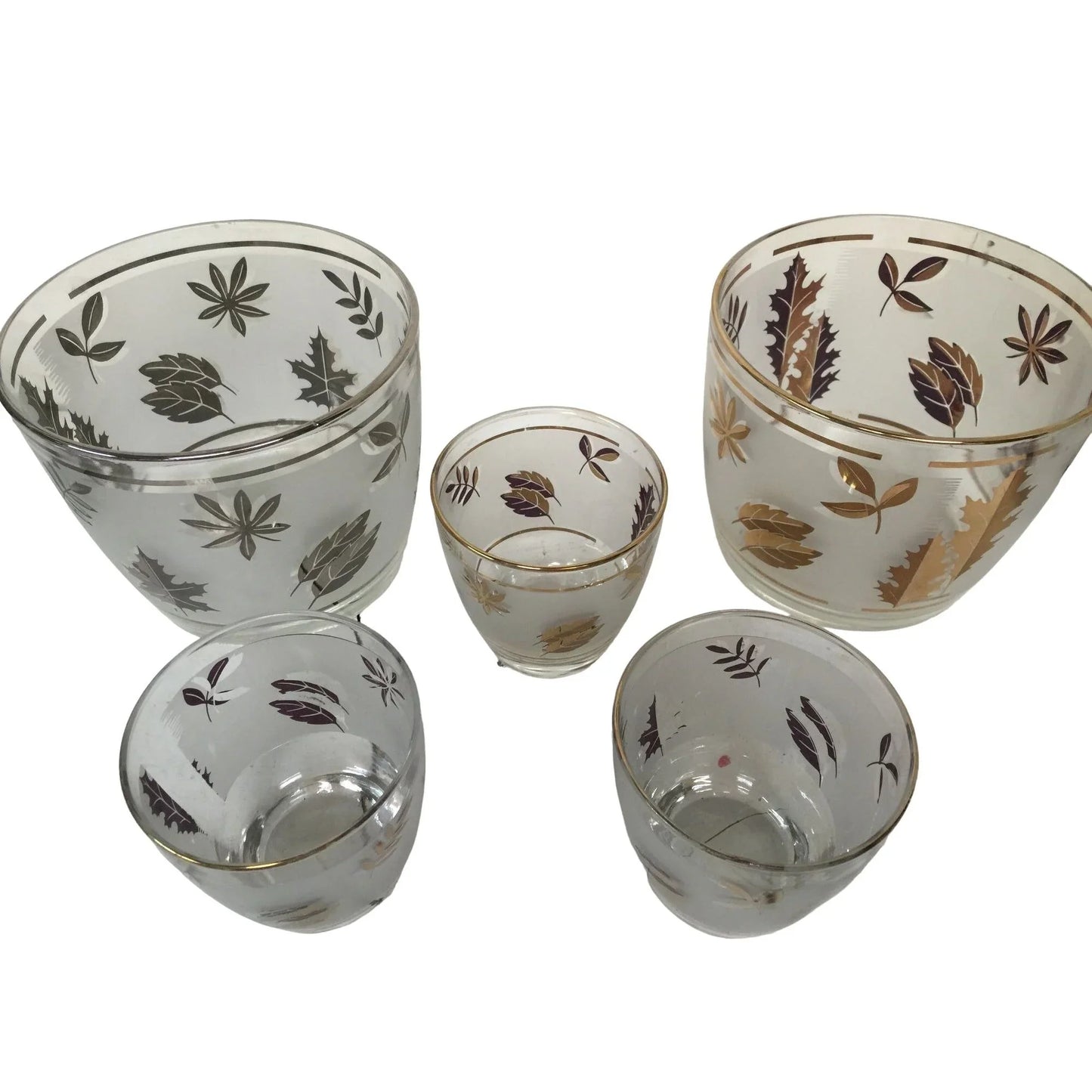 Vintage Cocktail Set 2 Icebuckets, Tumblers & Shot or fruit cups - 10 pieces all together frosted glass with leaves Libbey Glass A+ Stuff