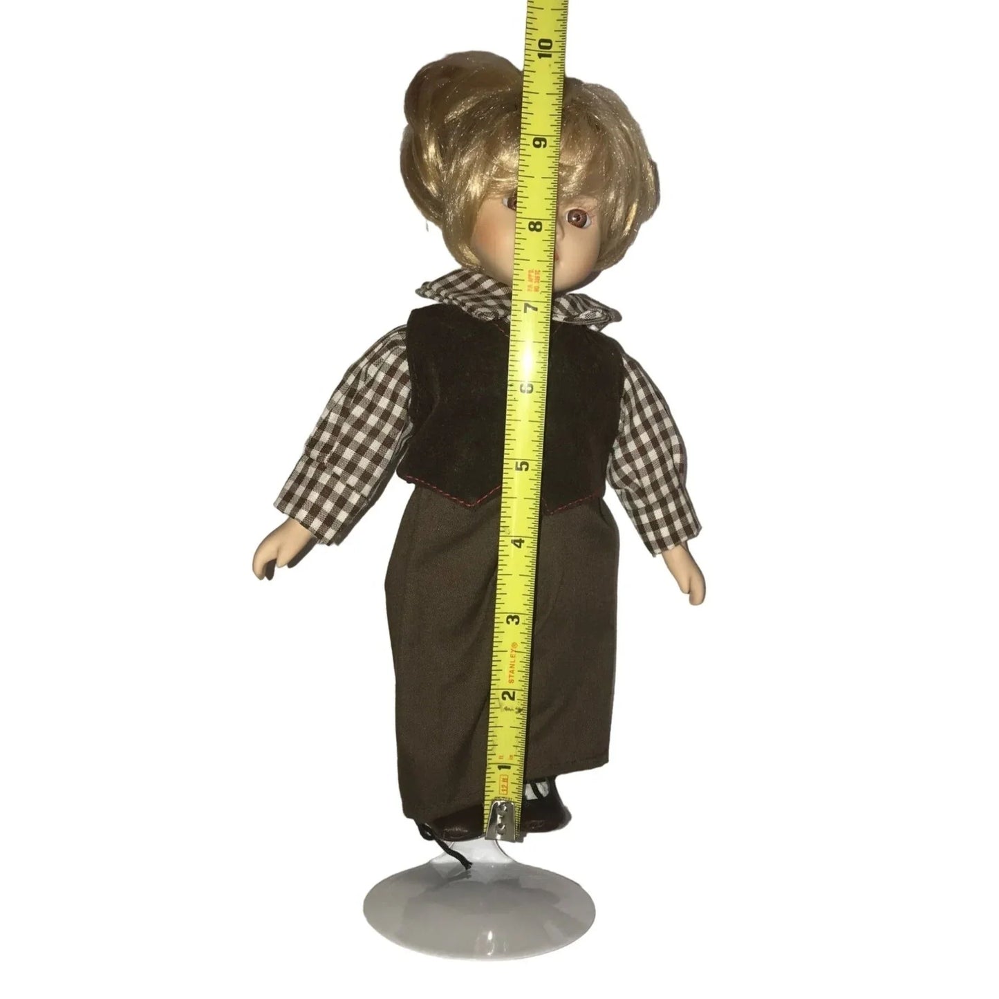 Unmarked porcelain doll - petite with short blonde hair, brown eyes - brown check shirt - brown vest , pants and shoes A+ Stuff A+ Stuff