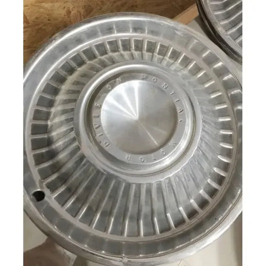 Mid Century "Pontiac Motor Division" Hubcaps / Wheelcovers - some wear / markings from age. Vintage Car Replacement Part PONTIAC