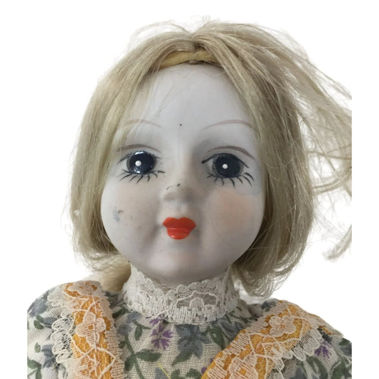 White porcelain Doll with Red Lips and Floral Print Dress with Yellow Apron - Porcelain Head, feet and Hands - A+ Stuff A+ Stuff