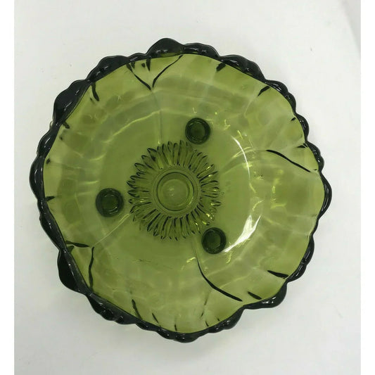 SUNFLOWER Indiana Glass AVOCADO Green Large 11" FOOTED Fruit Bowl Indiana Glass A+ Stuff Bowls