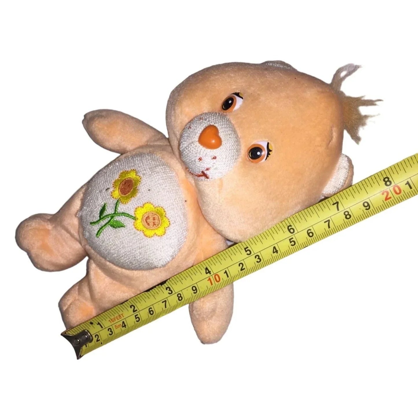 Care Bears Friendship Bear Plush - Orange Bear with 2 Yellow Flowers on Belly - Sweet Smile - Vintage Toy Care Bears A+ Stuff