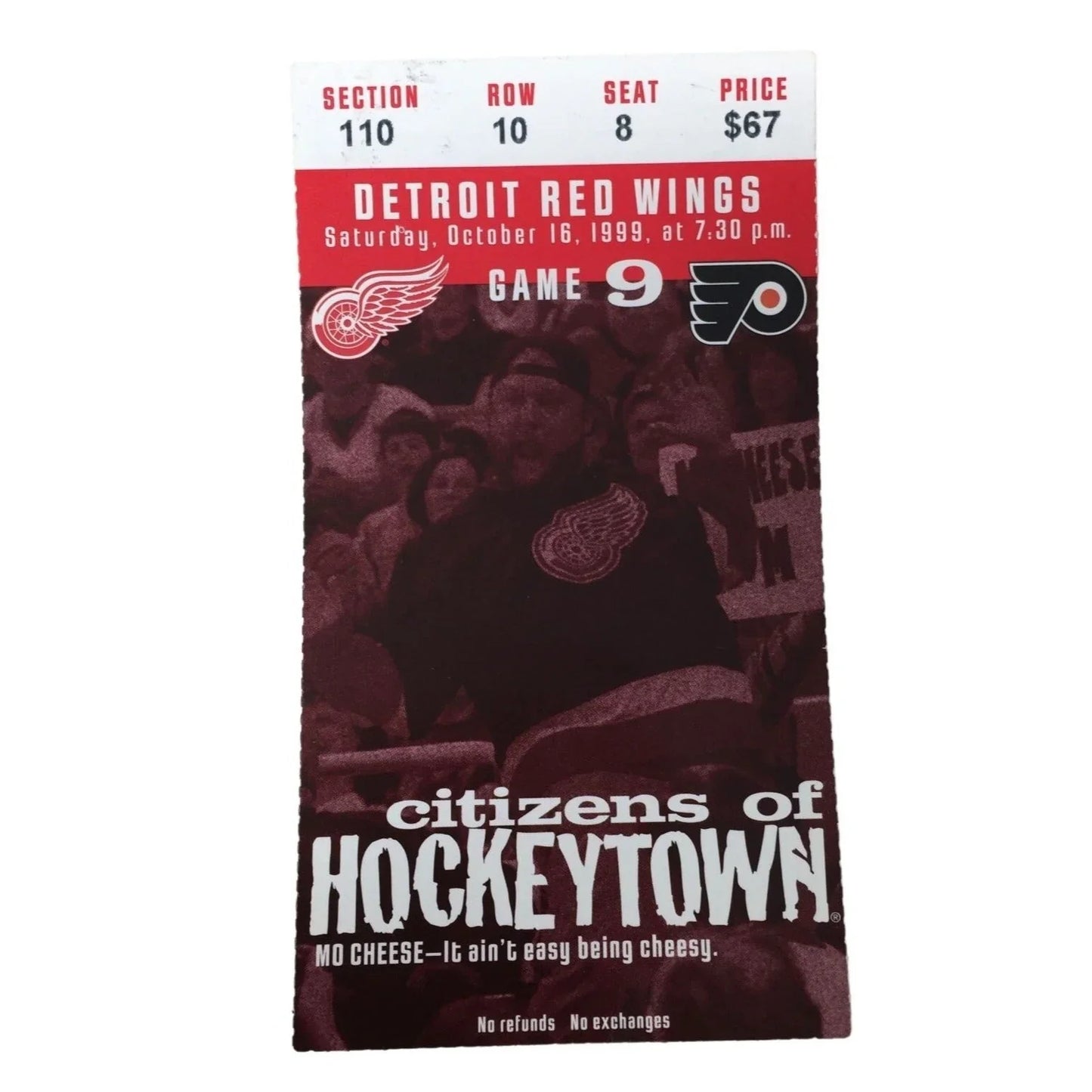 Detroit Red Wins Citizens of Hockeytown - Oct 16 1999 - Game 9 Section 110 - row 10 Seat 8 Ticket Stub DETROIT RED WINGS A+ Stuff