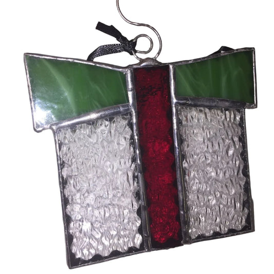 Pretty Textured Stained Glass Christmas Present Ornament or Sun catcher - Clear texture with Green and Red "Ribbons" A+ Stuff A+ Stuff
