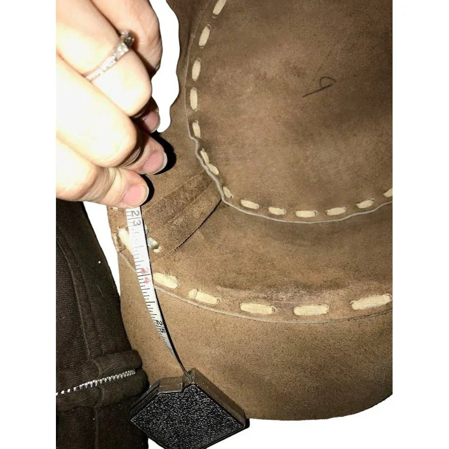 Suede Cowboy or Adventurer Hat - Light brown/tan and beige - Large suede strip seams and braided suede band. Unsure of size A+ Stuff A+ Stuff Hats