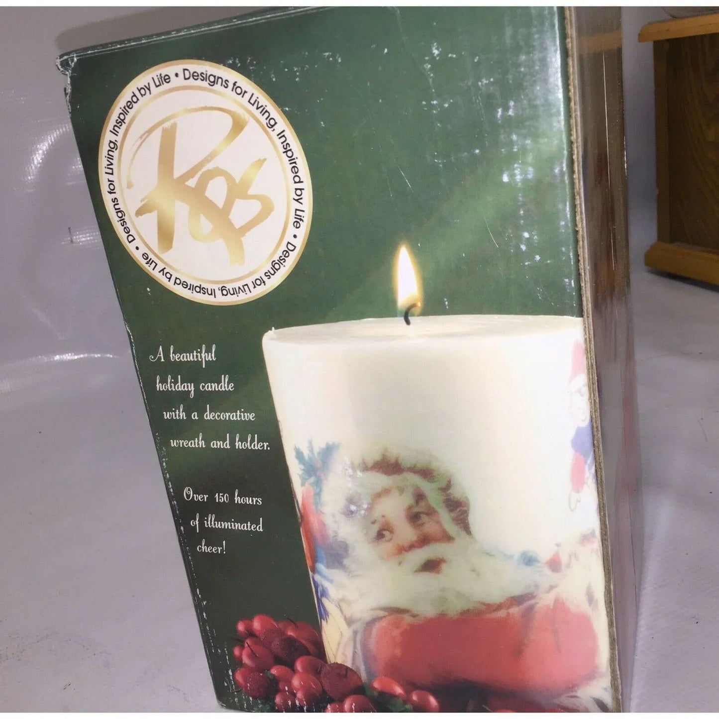 Christmas Decorative Candle w Smiling SANTA CLAUS Design, Wreath ROS (Enesco) A+ Stuff Candles