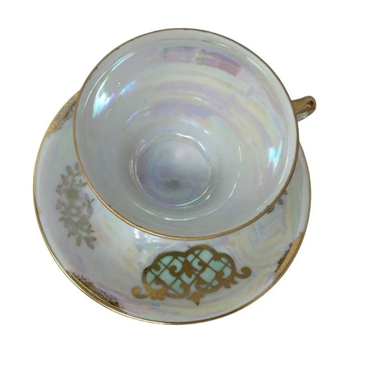 Family Crest Looking Pattern on this Iridescent Cup and Saucer Set - Gol Art / Filigree Accents - Great Find! A+ Stuff A+ Stuff