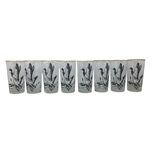 Vintage Mallard Duck Highball Glass Set (8 Glasses) Gold Rim Edge - BLACk Imprint of Birds/Foliage A+ Stuff A+ Stuff